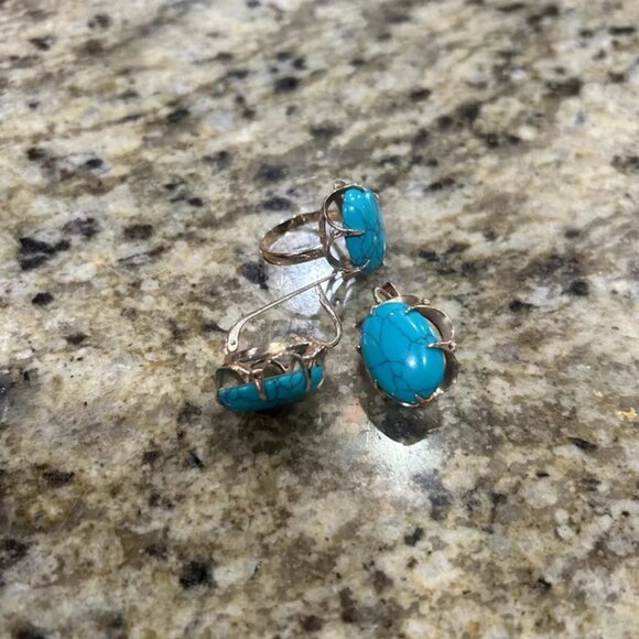 LARGE Russian Russia 14K Rose Pink Gold Turquoise Cabochon Pierced Earrings - Picture 14 of 15